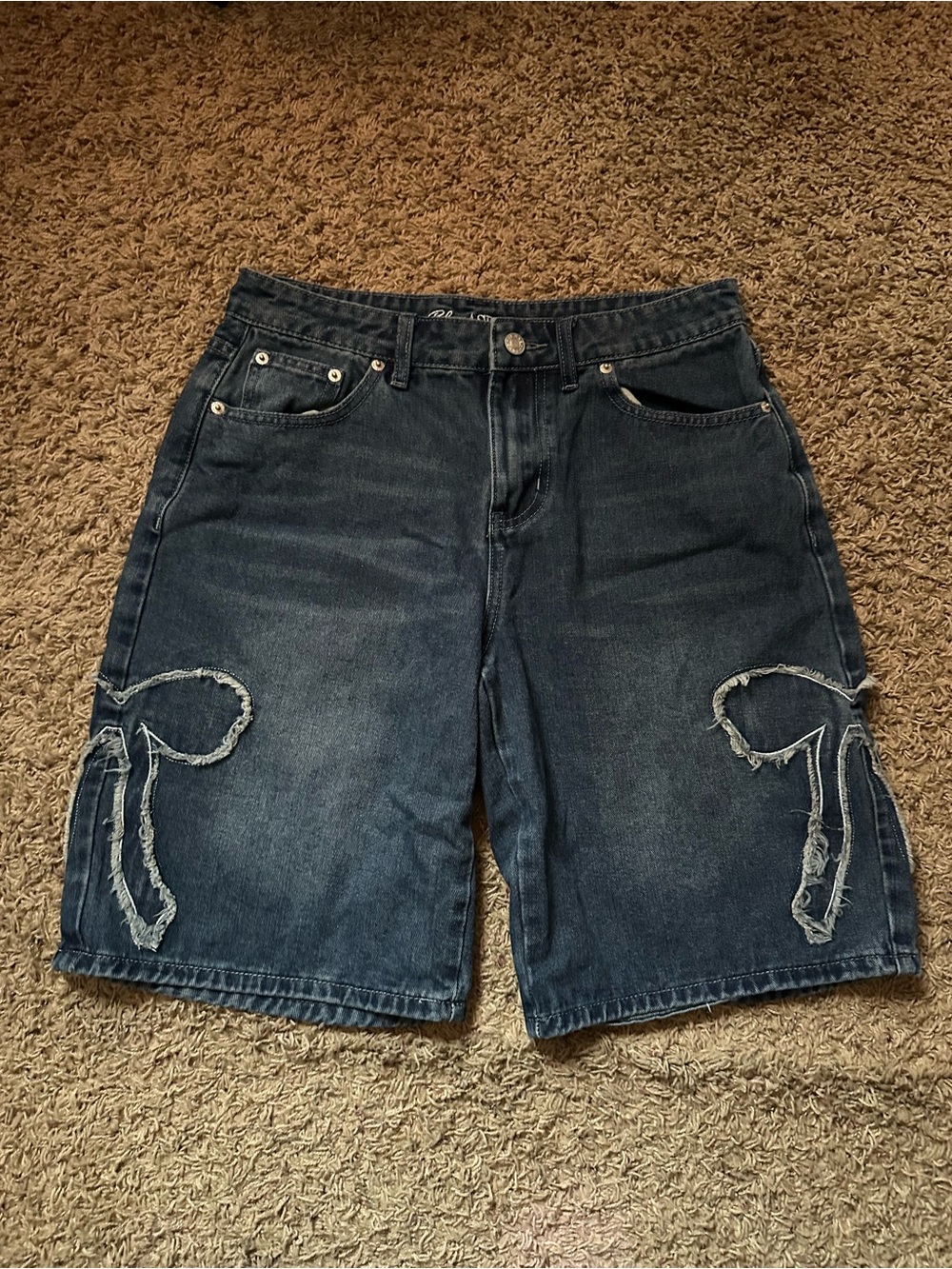 Blue Asphalt Dark Blue Denim Jean Shorts with Frayed Heart Applique
